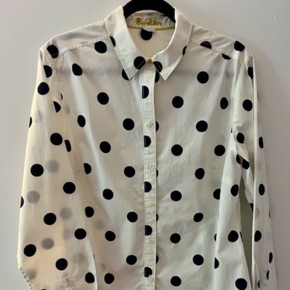Boden The Classic Shirt Button Polka Dot Long Sleeve White Black Cotton Size 12